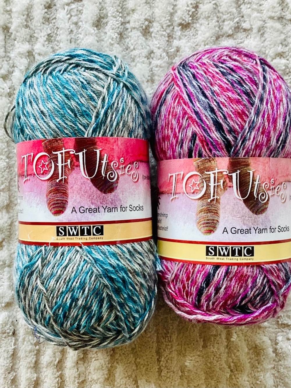 Lot Of 2 SWTC TOFUtsies Yarn Soysilk Chitin Wool Blend Sock Fingering Pink Blue